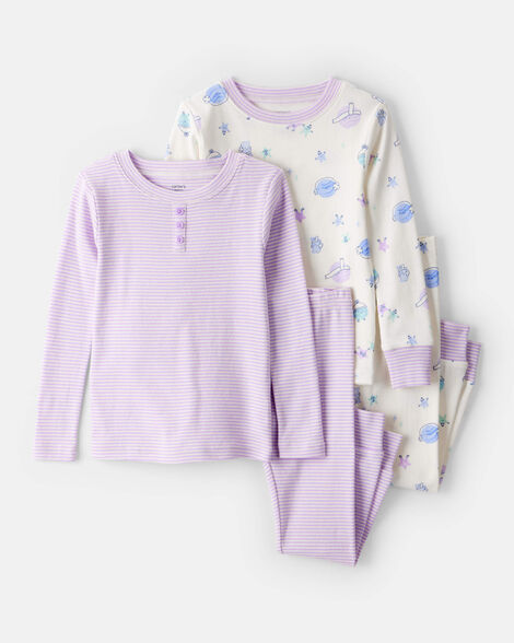 toddler girl space star print 100% cotton long-sleeve snug fit 4-piece pajamas - white/purple
