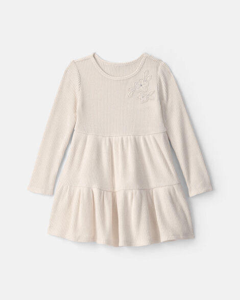 toddler girl flower ribbed long-sleeve dress - cream