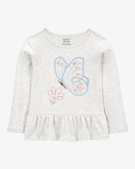  Product image 1 of Toddler Butterfly Jersey Long-Sleeve Peplum Top - Grey
