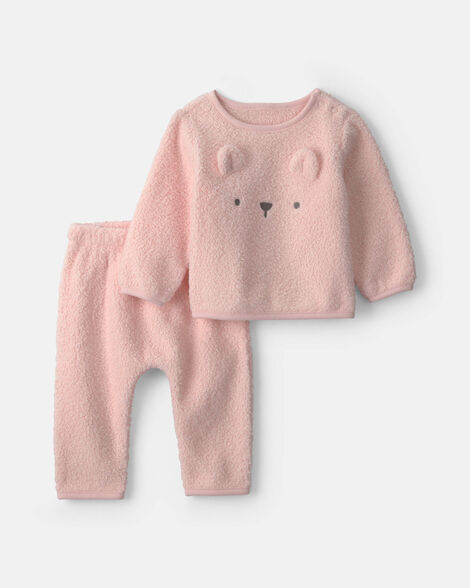 baby girl 2-piece bear fleece long-sleeve top & pant set - pink