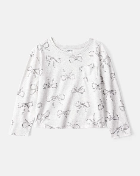 girls bow print long-sleeve top - grey