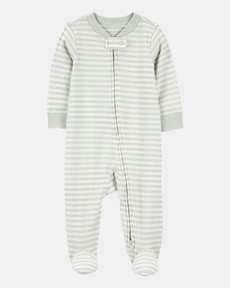 baby boy striped 2-way zip ribbed sleep & play pajamas - green/white