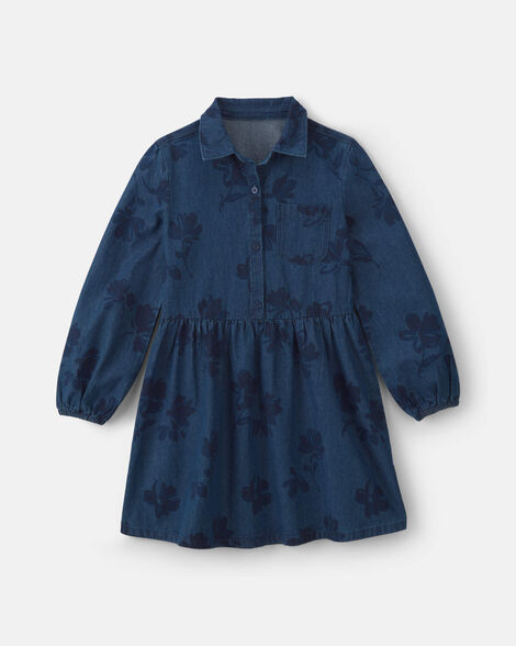Girls Floral Denim Long-Sleeve Dress - Dark Wash