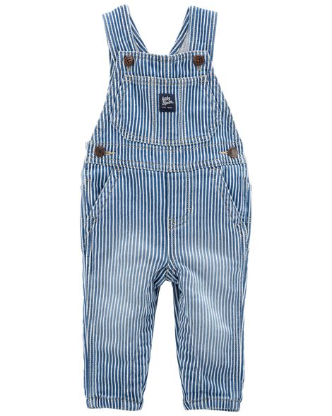 Blue and white striped denim baby overalls