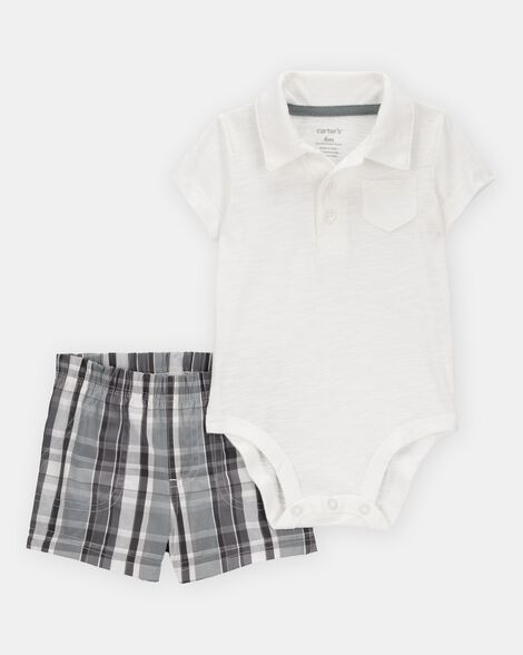 baby boy 2-piece polo bodysuit & plaid short set - ivory/grey
