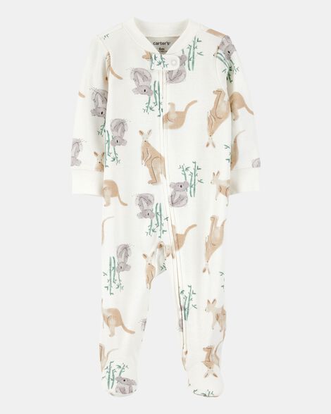baby girl kangaroo 2-way zip cotton sleep & play pajamas - ivory