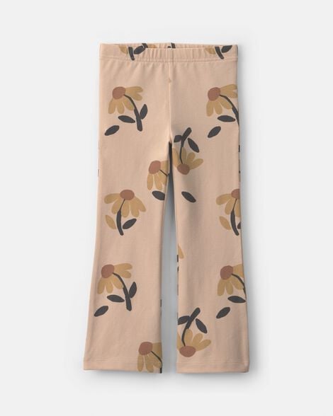 toddler girl floral cotton pull-on stretch flare leggings - tan