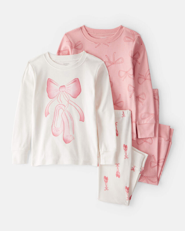 Product image 1 of Toddler Girl Ballet Print 100% Cotton Long-Sleeve 4-Piece Pajamas - Pink/White