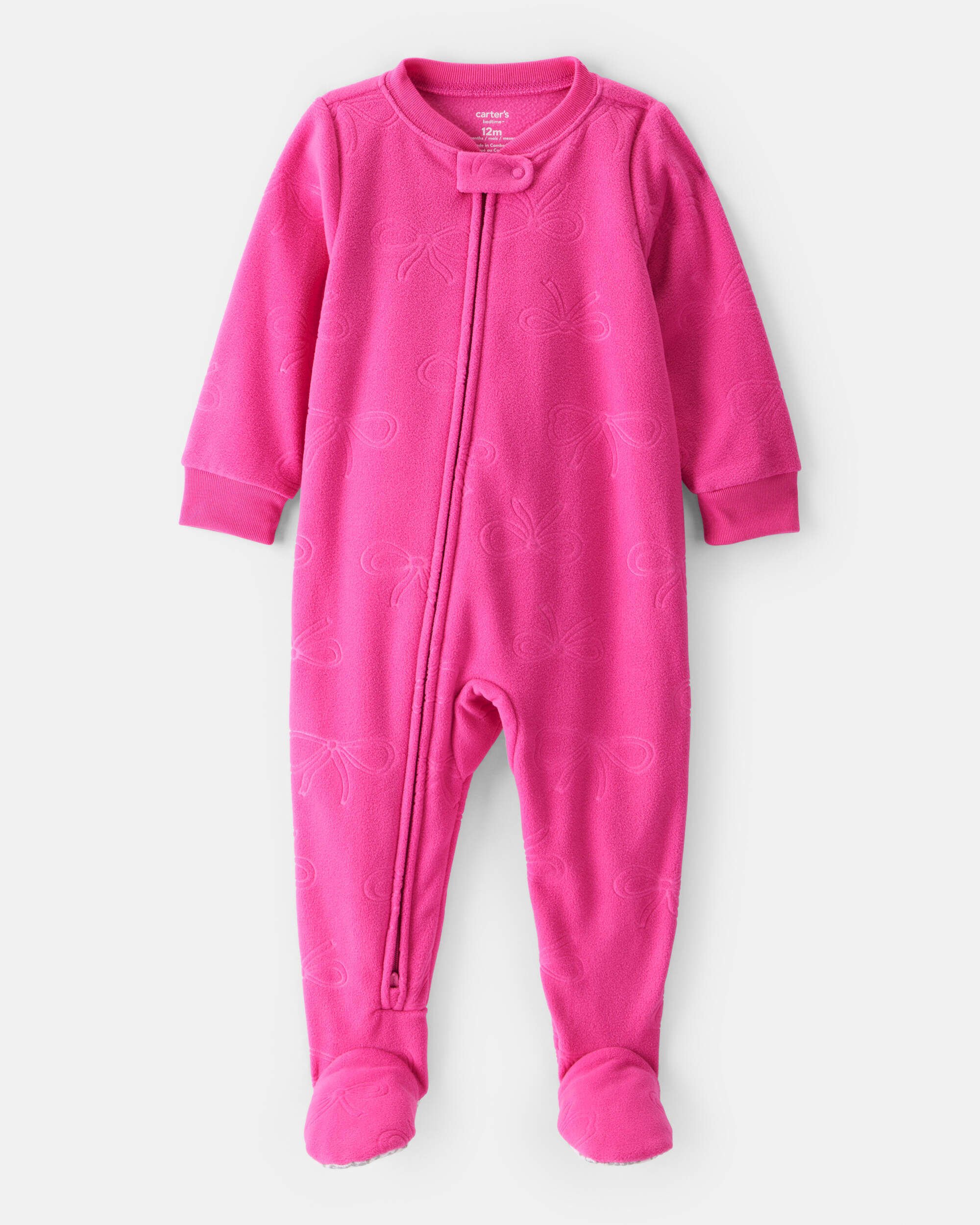 Toddler Girl Bow Loose Fit Long-Sleeve 2-Way Zip 1-Piece Pajamas - Pink