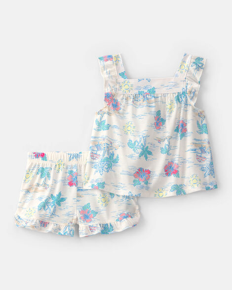 toddler girl tropical beach sleeveless loose fit 2-piece pajama set - ivory/green