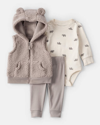 Baby Boy 3-Piece Construction Striped Print Hooded Zip-Up Jacket, Bodysuit & Pant Set - Green