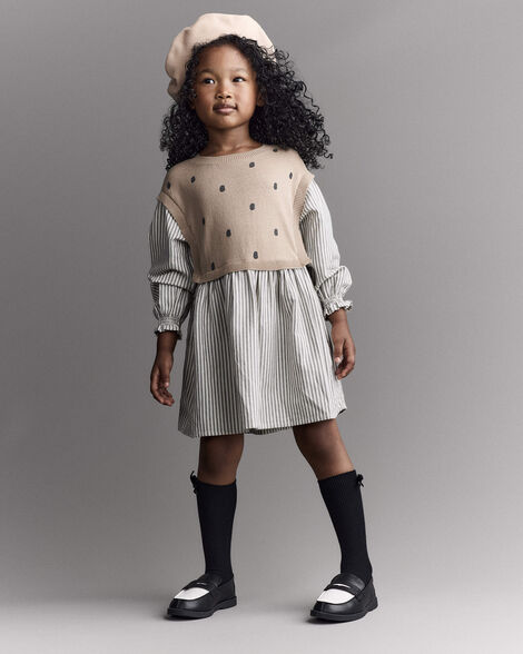 Toddler Girl Polka Dot Layered Sweater Long-Sleeve Dress - Brown/Cream