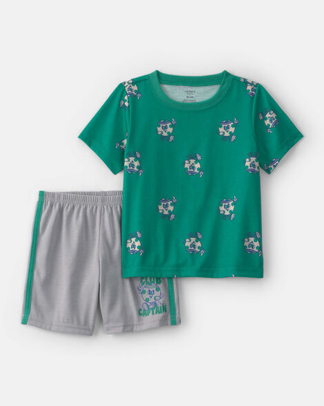 toddler boy soccer short-sleeve loose fit 2-piece pajama set - green/grey