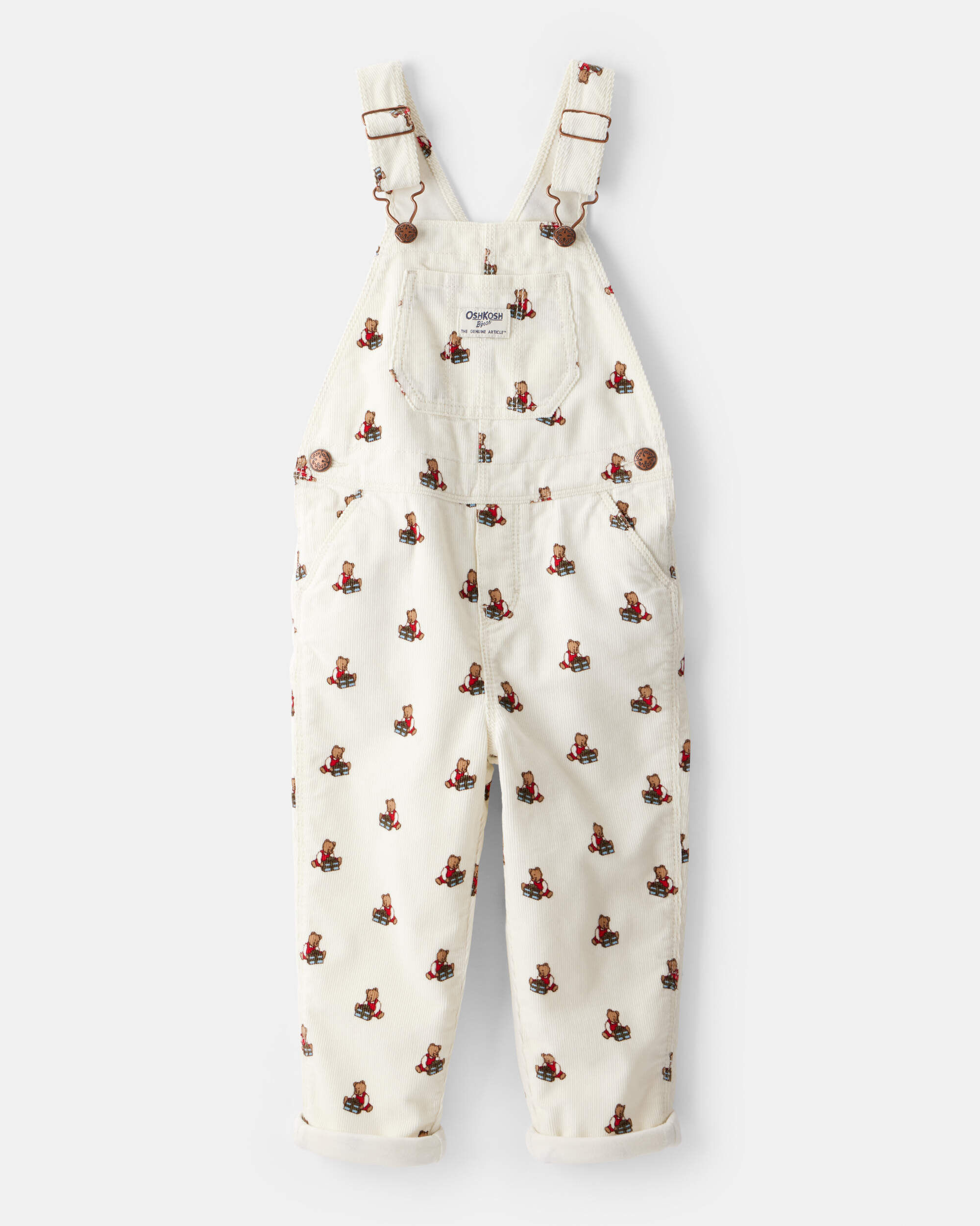 Toddler Girl Bear Print CorduroyOveralls - White