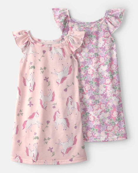 girls 2-pack unicorn floral loose fit night gown - pink