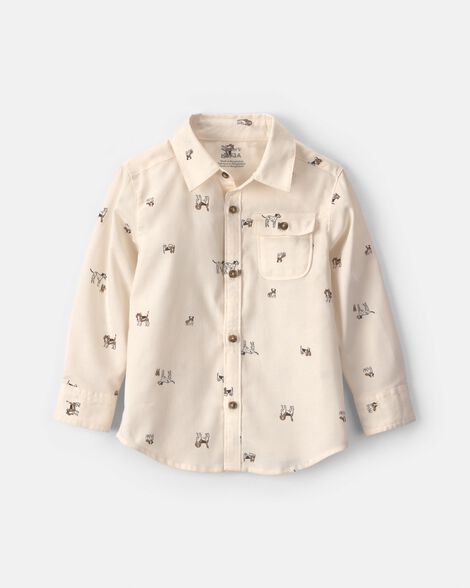 toddler boy dog long-sleeve button-down shirt - cream