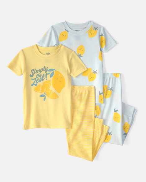 baby girl lemon 100% cotton snug fit 4-piece pajama set - blue/yellow