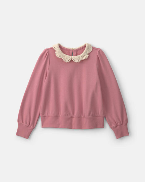 girls floral collar french terry pullover sweatshirt - pink