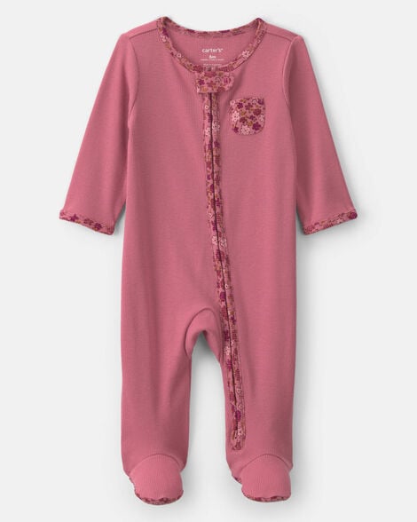 baby girl floral cotton 2-way zip sleep & play pajamas - pink
