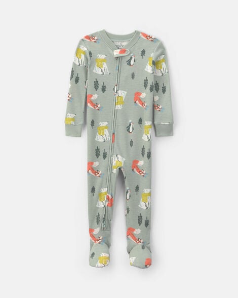 toddler boy winter wildlife thermal waffle knit 1-piece pajama - green