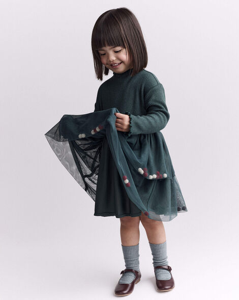 Toddler Girl Tree Pom Pom Long-Sleeve Tutu Dress - Green