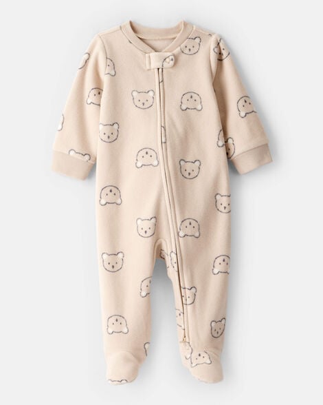 baby boy bear fleece 2-way zip sleep & play pajamas - khaki