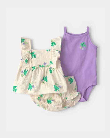 baby girl 3-piece fish top & short set - purple/ivory