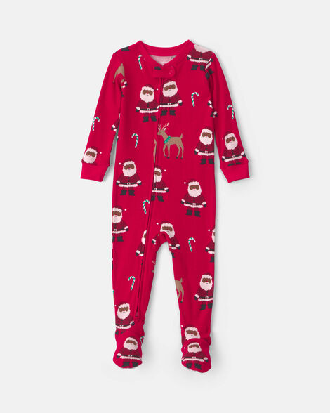 baby 1-piece brown santa christmas 2-way zip 100% cotton snug fit footed pajama - red