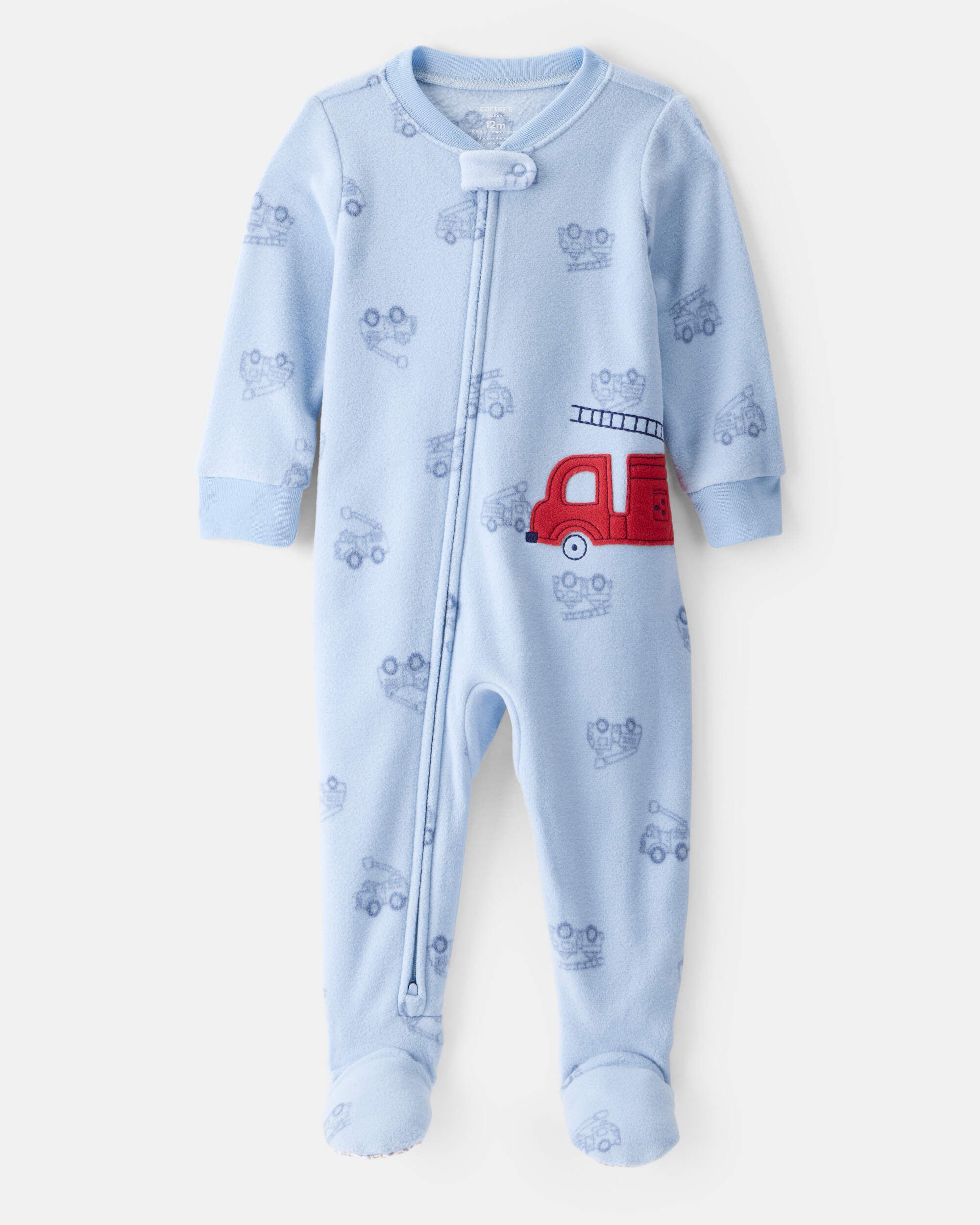 Toddler Boy Firetruck Print Loose Fit Long-Sleeve 2-Way Zip 1-Piece Pajamas - Blue