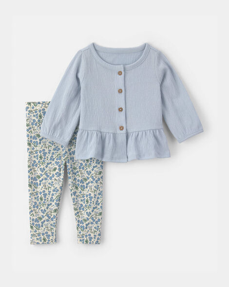 baby girl 2-piece floral long-sleeve top & pant set - blue