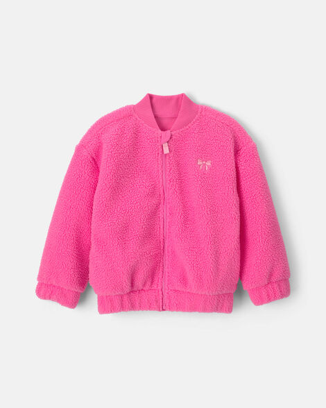 toddler girl bow teddy fleece zip-up jacket - pink