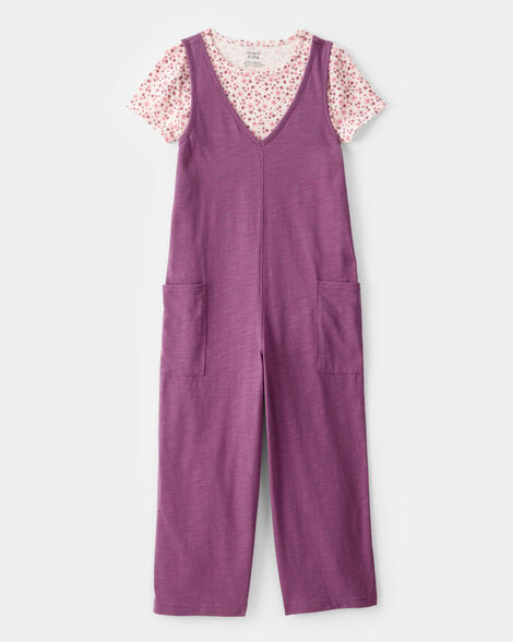 kid 2-piece floral tee & jumpsuit set - purple/pink