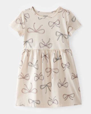 Product image 1 of Toddler Girl Bow Print Short-Sleeve Knit Dress - Ivory