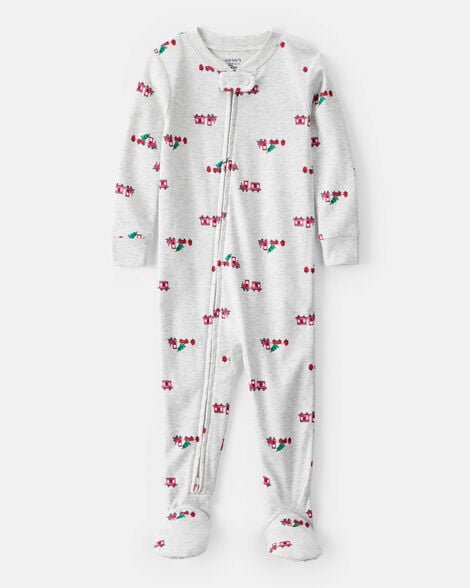 toddler boy train cotton long-sleeve snug fit 1-piece pajamas - grey