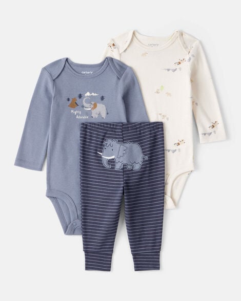 baby boy 3-piece elephant print long-sleeve bodysuit & pant set - blue/white
