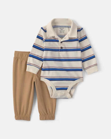 baby boy 2-piece striped long-sleeve bodysuit & pant set - cream/khaki
