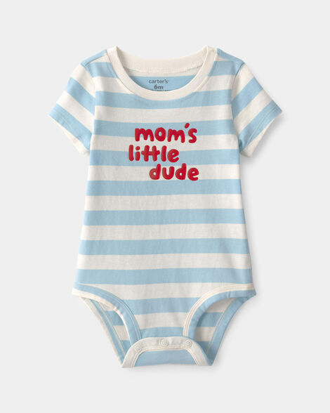 baby boy 'mom's little dude' striped graphic bodysuit - blue/ivory