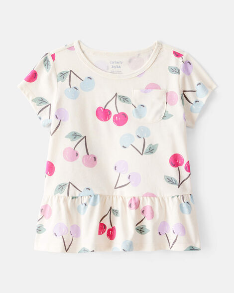 toddler girl cherry print short-sleeve peplum top - white