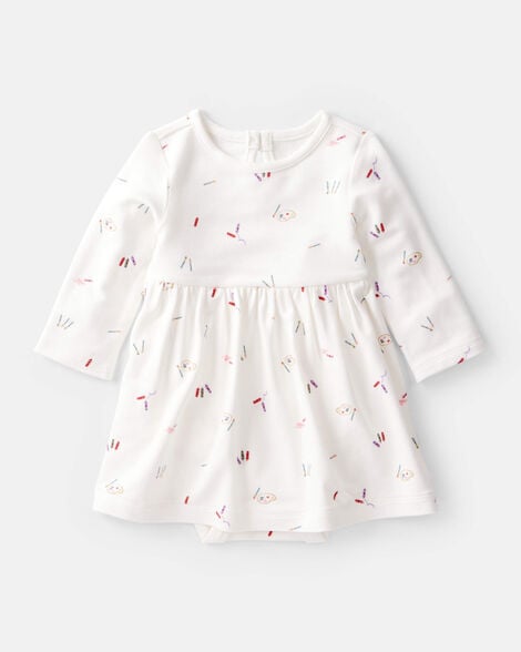 baby girl paint print purelysoft long-sleeve bodysuit dress - ivory