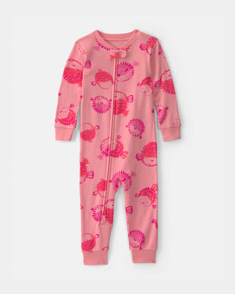 toddler girl pufferfish 100% cotton 1-piece pajama - coral