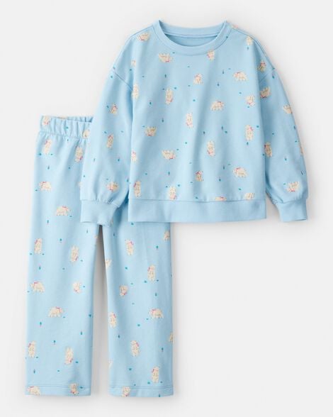 toddler girl polar bear french terry pullover & pant set - blue