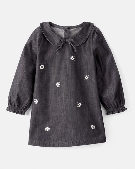 Toddler Girl Floral Motif Chambray Long-Sleeve Dress - Grey