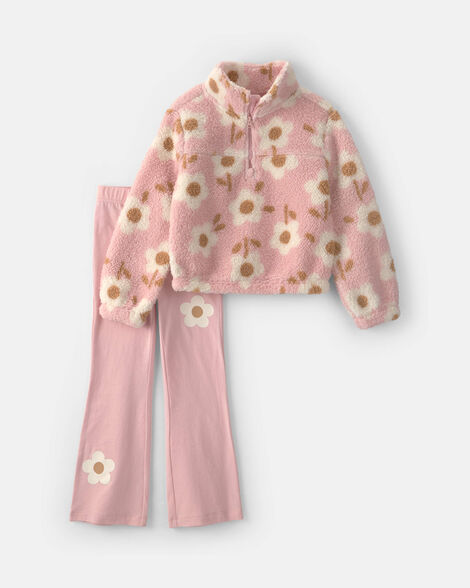girls 2-piece floral teddy fleece layering set - pink