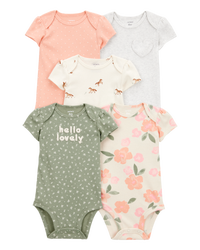 5-Pack Floral Horses Short-Sleeve Cotton Bodysuits - Pink/Green