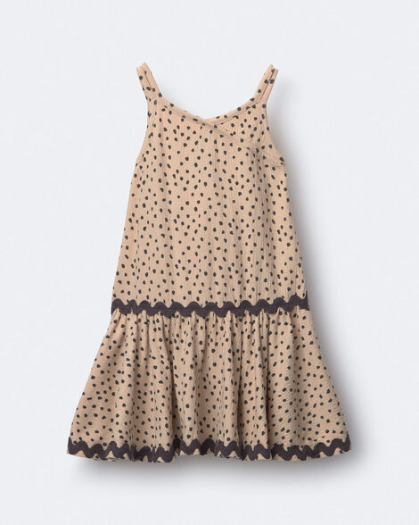 Toddler Girl Ric-Rac Drop-Waist Peplum Dress in Dot Print - Khaki