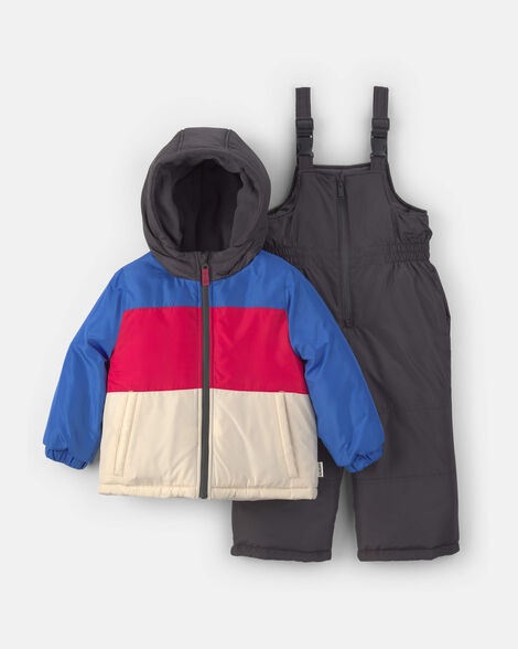 toddler boy 2-piece color block hooded snowsuit jacket & bib set - blue/red