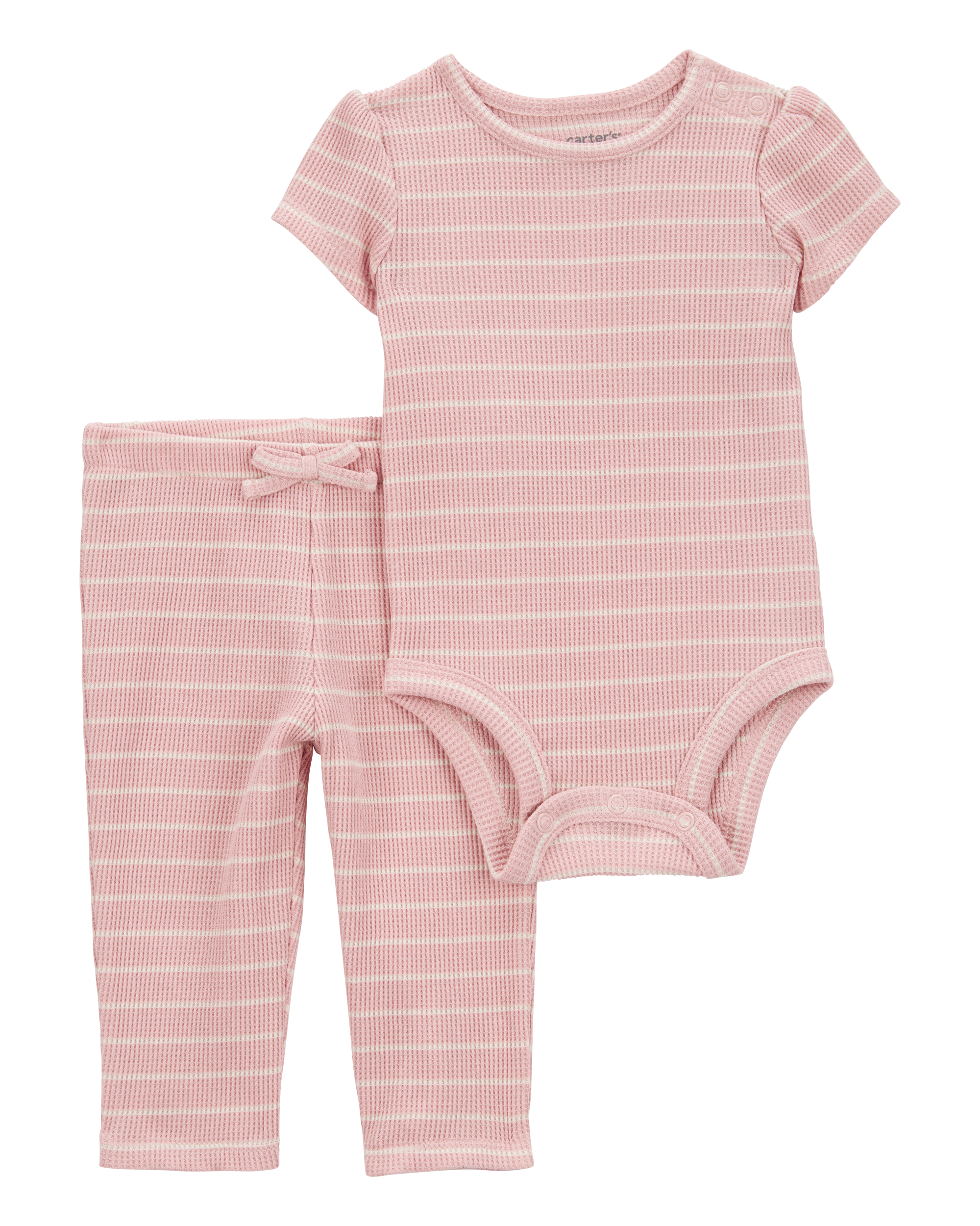 Baby Girl 2-Piece Striped Short-Sleeve Waffle Knit Bodysuit Pant Set - Pink