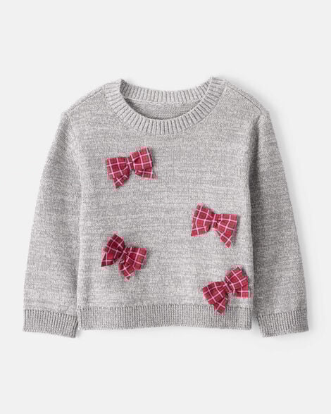 baby girl bow cotton long-sleeve sweater - grey