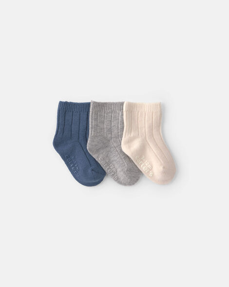 baby 3-pack baby booties - blue/ivory/grey