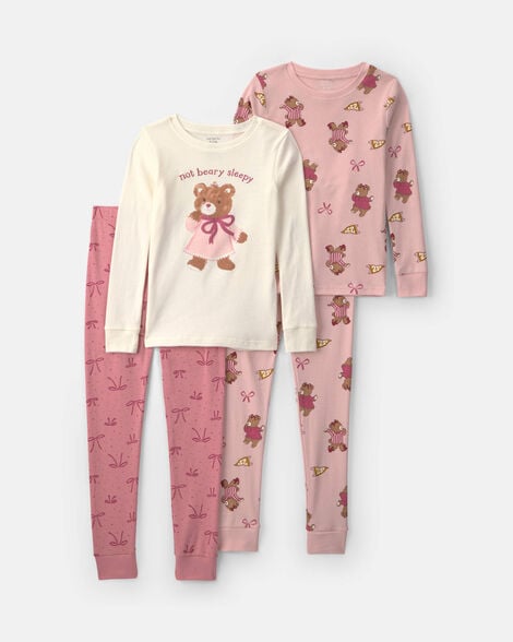 girls 4-piece varsity bear 100% cotton snug fit pajama set - pink/cream